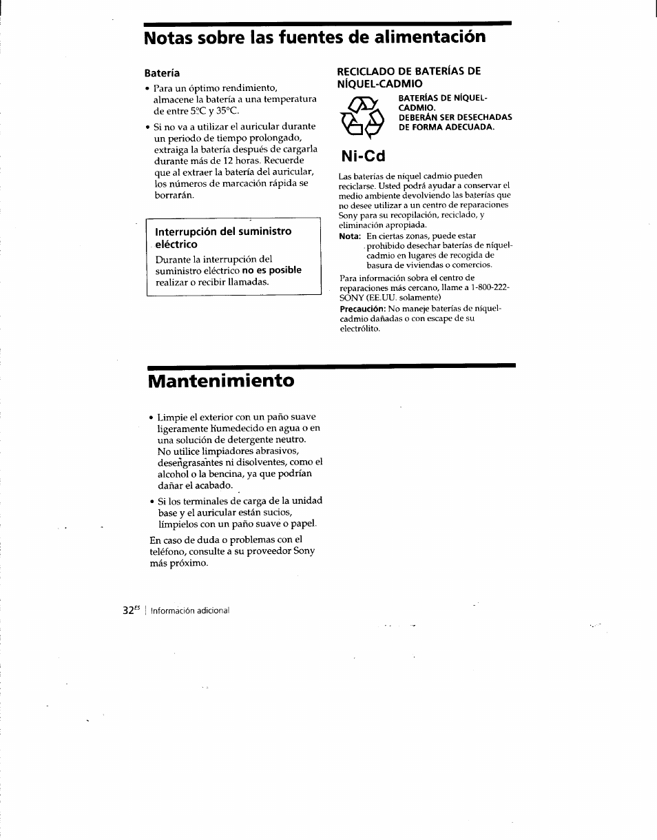 Notas sobre las fuentes de alimentación, Batería, Reciclado de baterías de níquel-cadmio | Baterías de nlquel- cadmio, Vnr/ de forma adecuada, Mantenimiento, Ni-cd | Sony SPP-SS960 User Manual | Page 67 / 71