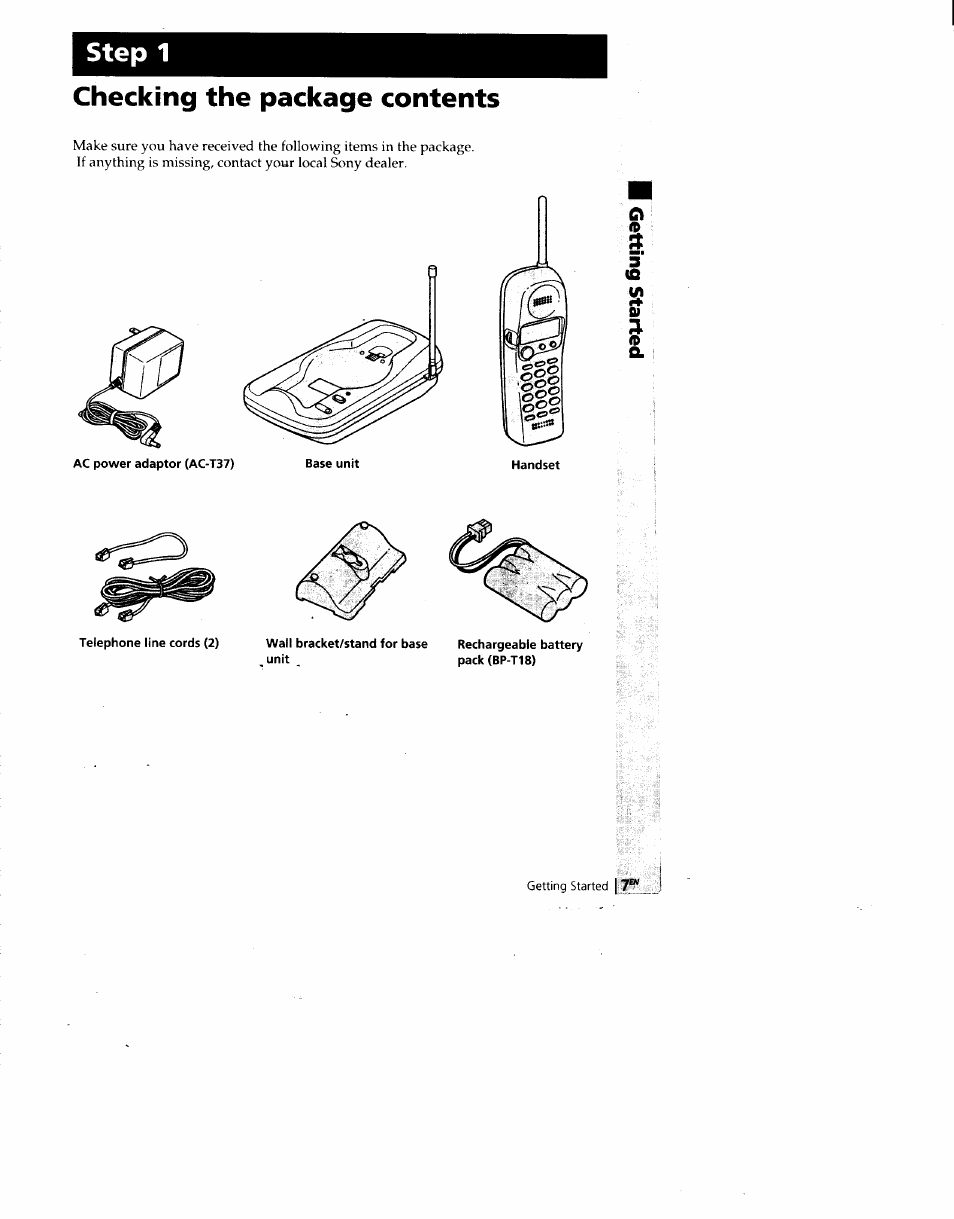 Checking the package contents, Telephone line cords (2), Pack (bp-t18) | Step 1 | Sony SPP-SS960 User Manual | Page 7 / 71