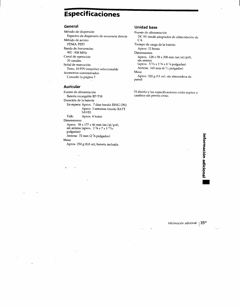 Especificaciones, General, Auricular | Unidad base, A. o | Sony SPP-SS960 User Manual | Page 70 / 71
