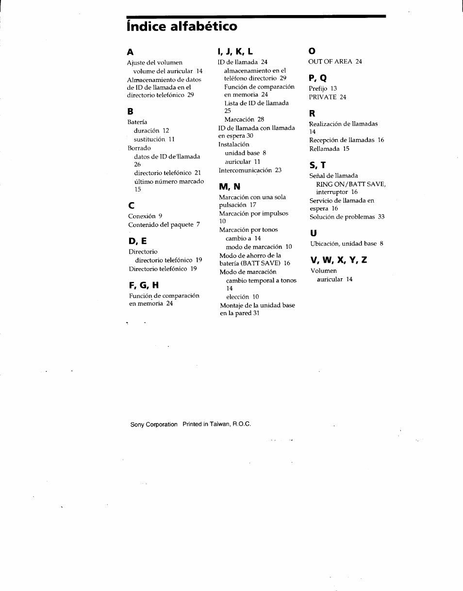 Indice alfabético, D, e, F, g, h | K. l, M, n, P, q, V. w, x, y, z | Sony SPP-SS960 User Manual | Page 71 / 71