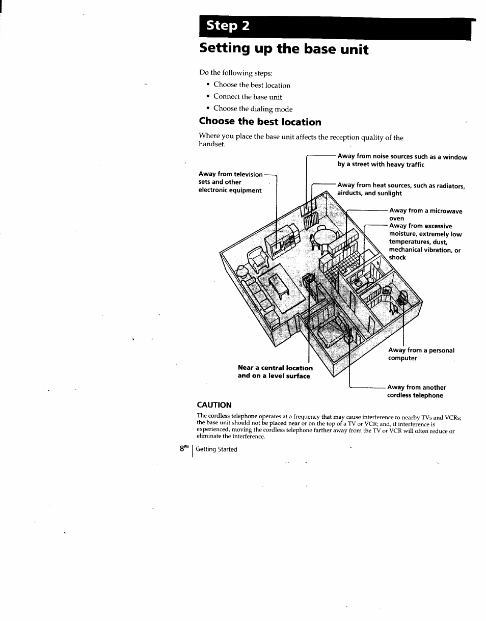Setting up the base unit, Choose the best location, Away from a microwave oven | Away from another cordless telephone, Caution, Step | Sony SPP-SS960 User Manual | Page 8 / 71