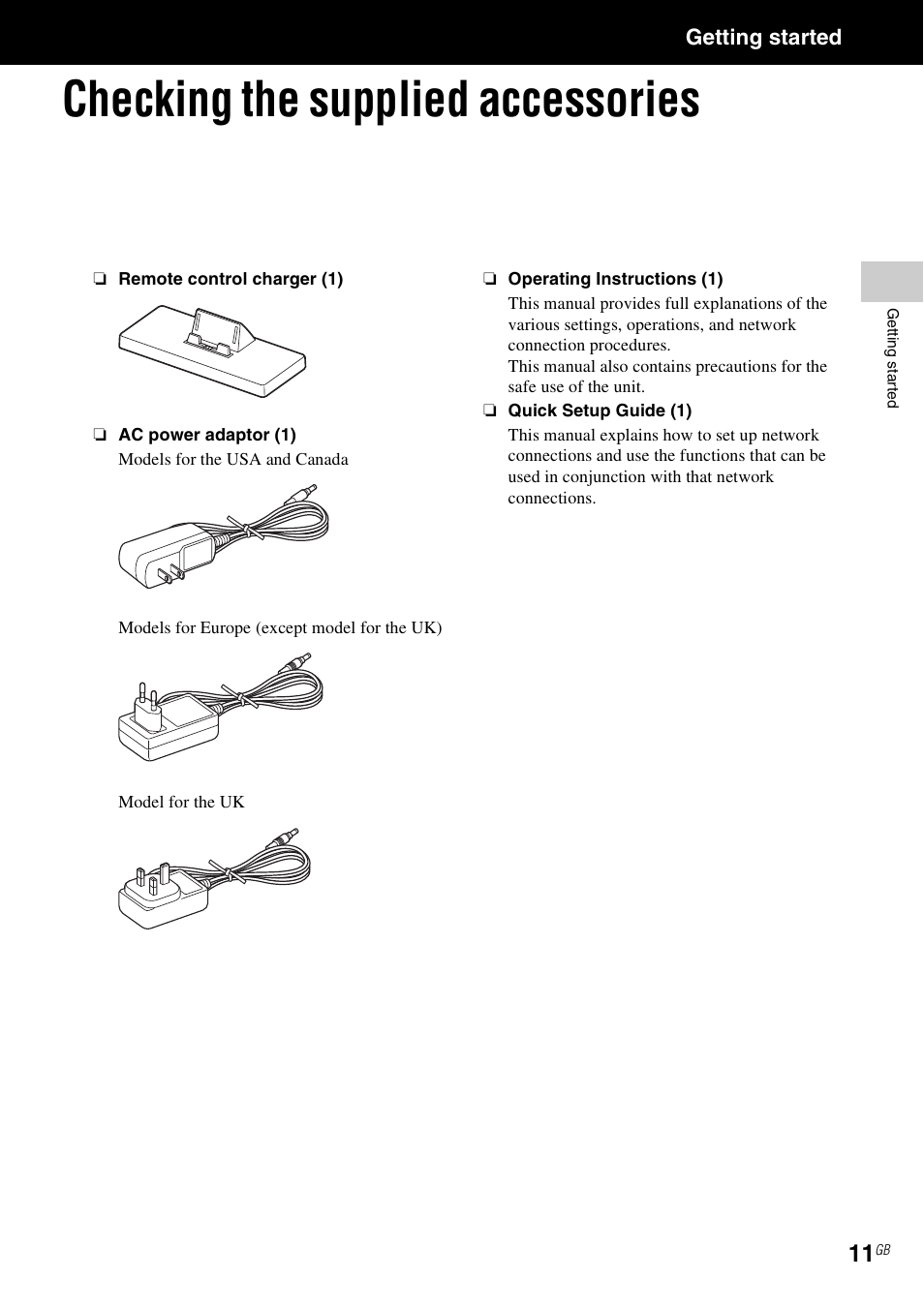 Getting started, Checking the supplied accessories | Sony RM-NU1 User Manual | Page 11 / 98