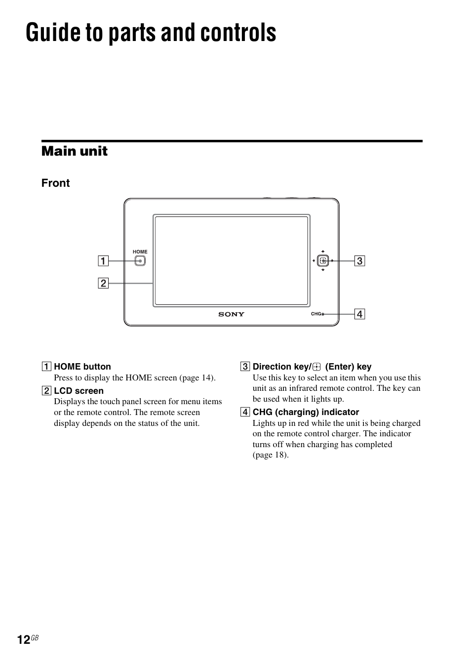 Guide to parts and controls, Main unit | Sony RM-NU1 User Manual | Page 12 / 98