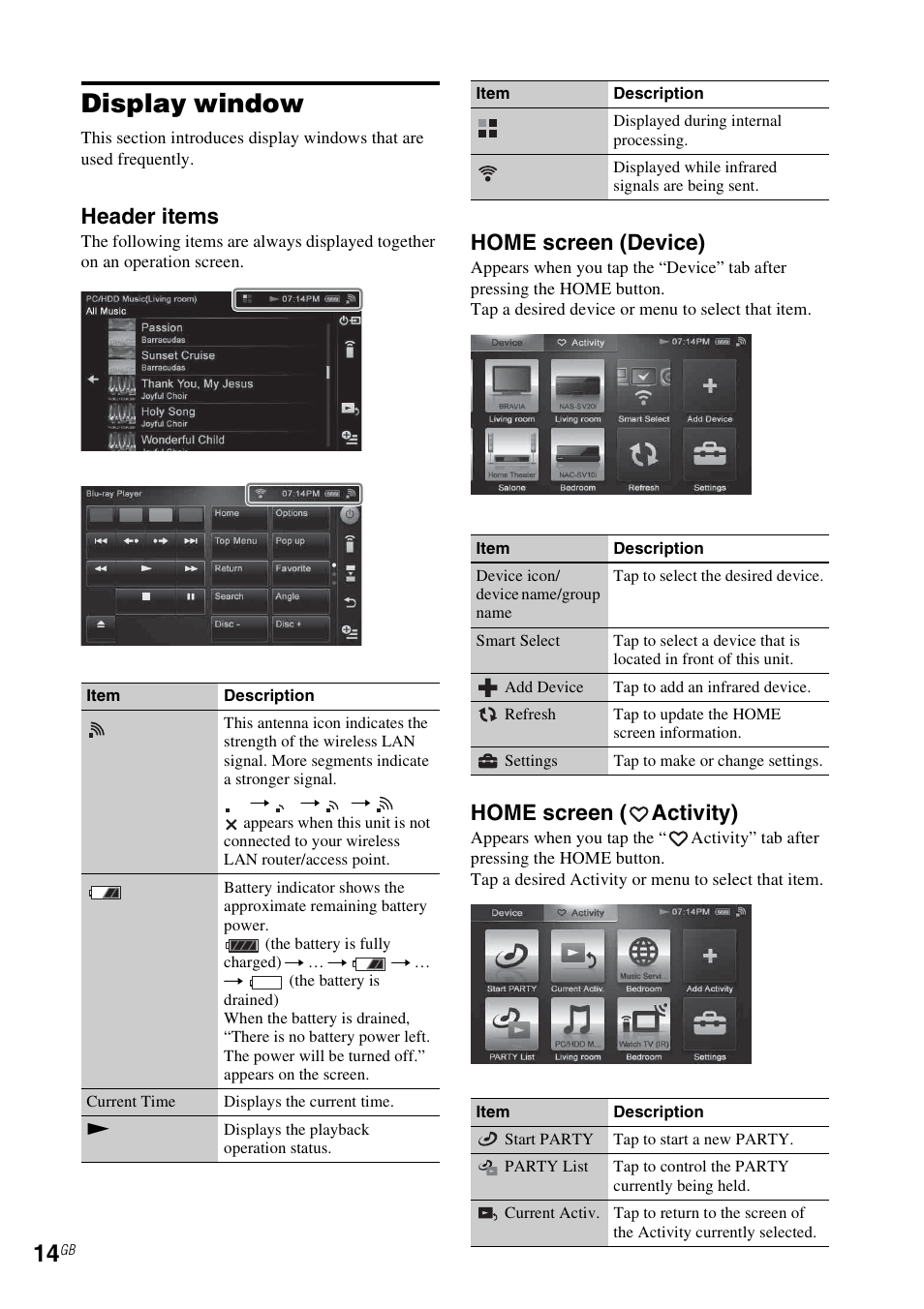 Display window, Header items, Home screen (device) | Home screen ( activity) | Sony RM-NU1 User Manual | Page 14 / 98