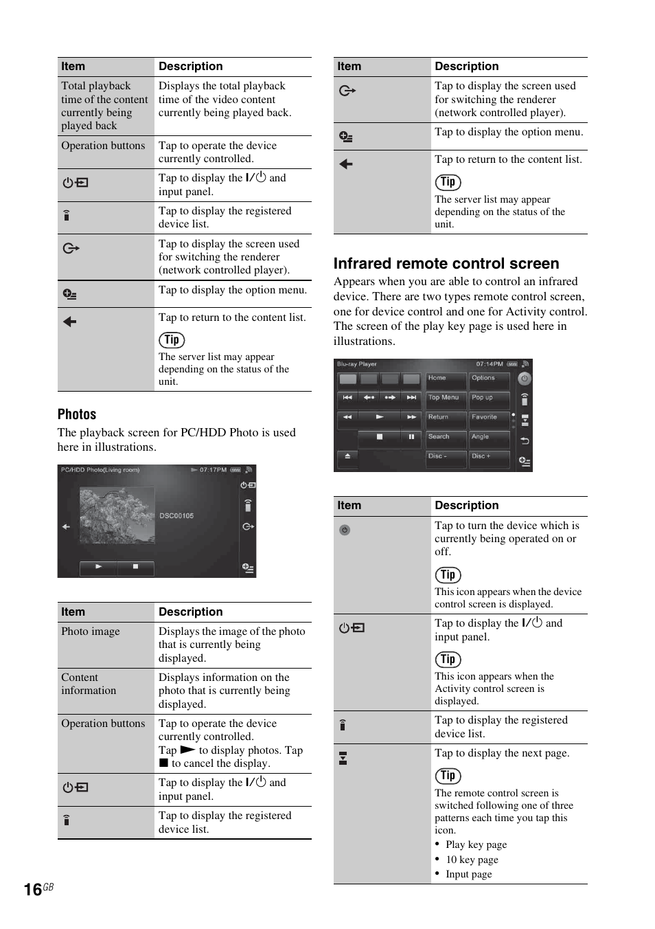 Infrared remote control screen, Photos | Sony RM-NU1 User Manual | Page 16 / 98