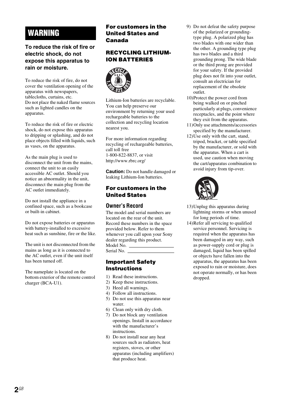 Warning | Sony RM-NU1 User Manual | Page 2 / 98