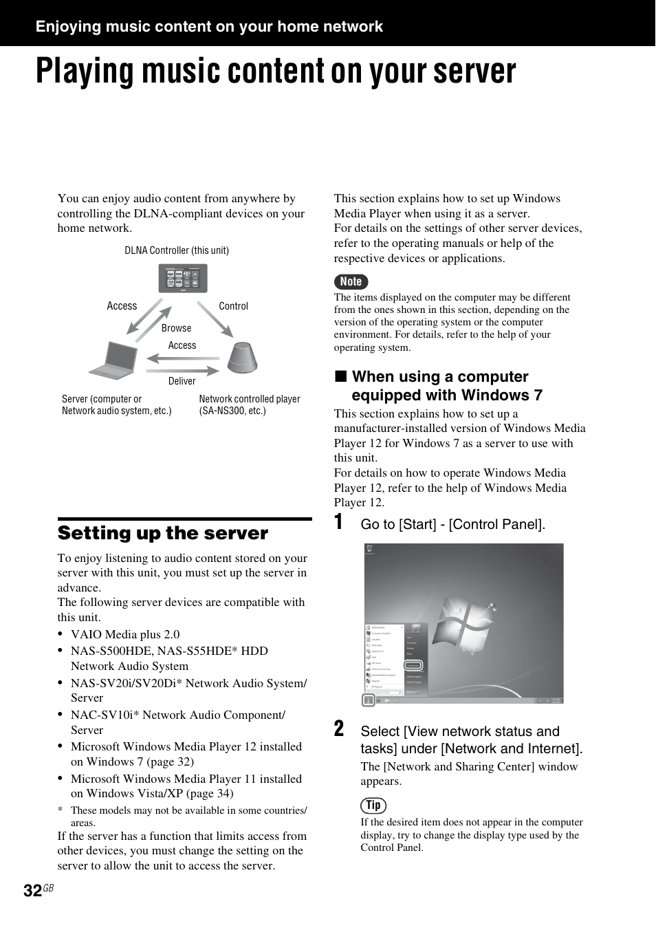 Enjoying music content on your home network, Playing music content on your server, Setting up the server | Sony RM-NU1 User Manual | Page 32 / 98