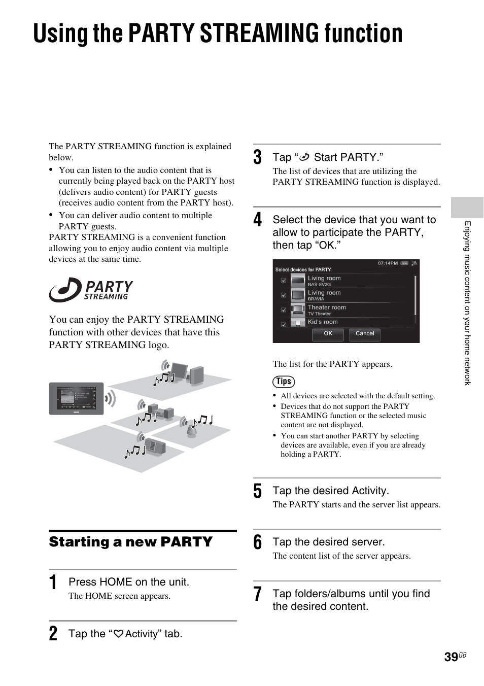 Using the party streaming function, Starting a new party | Sony RM-NU1 User Manual | Page 39 / 98