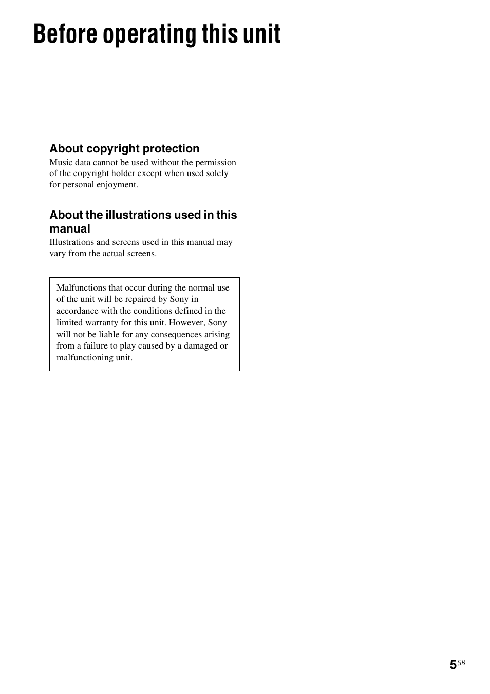 Before operating this unit | Sony RM-NU1 User Manual | Page 5 / 98