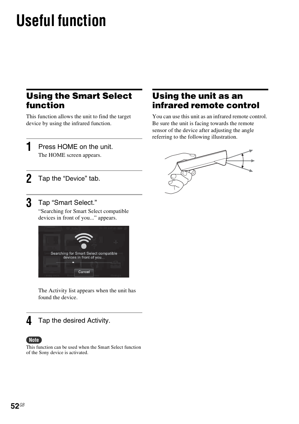 Useful function, Using the smart select function, Using the unit as an infrared remote control | Sony RM-NU1 User Manual | Page 52 / 98