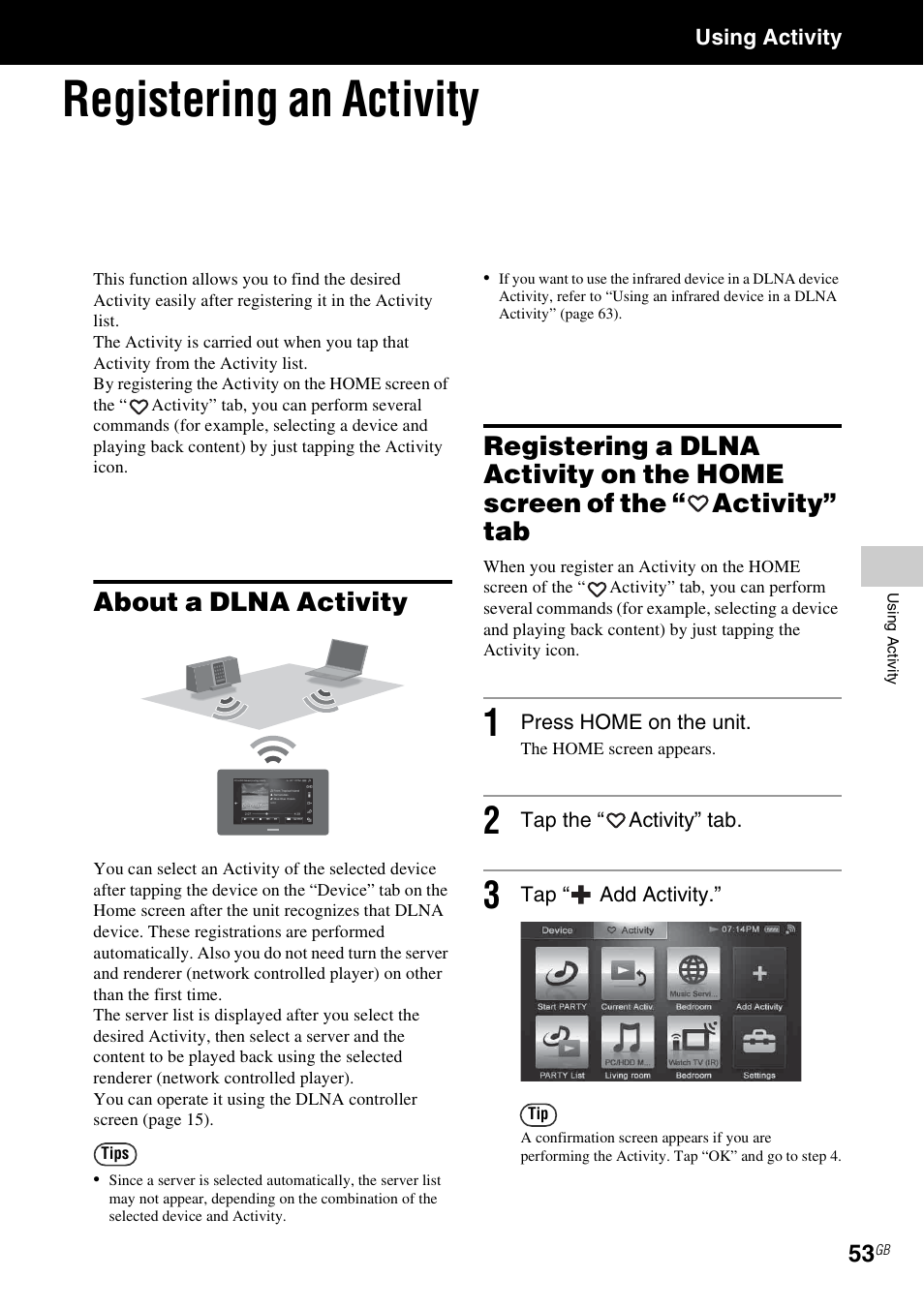 Using activity, Registering an activity, About a dlna activity | Activity” tab | Sony RM-NU1 User Manual | Page 53 / 98