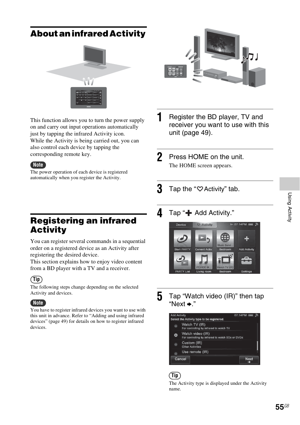 About an infrared activity, Registering an infrared activity | Sony RM-NU1 User Manual | Page 55 / 98