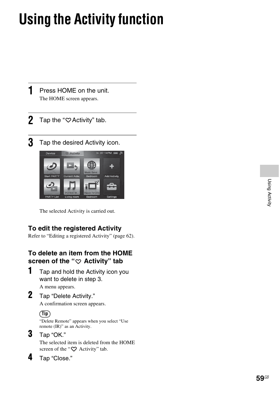 Using the activity function | Sony RM-NU1 User Manual | Page 59 / 98