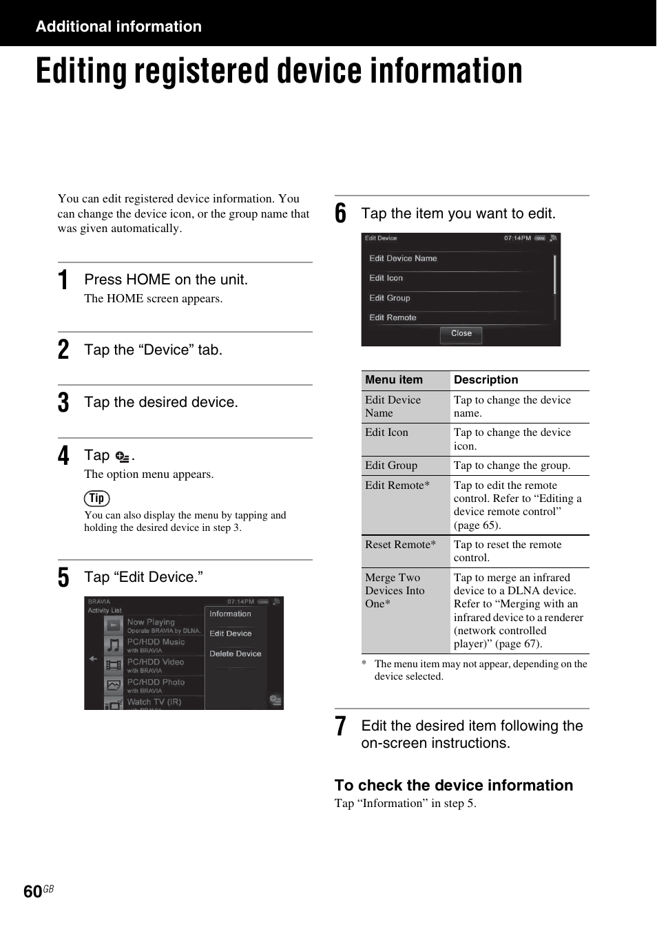 Additional information, Editing registered device information | Sony RM-NU1 User Manual | Page 60 / 98