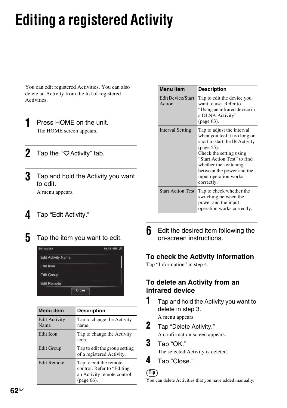 Editing a registered activity | Sony RM-NU1 User Manual | Page 62 / 98