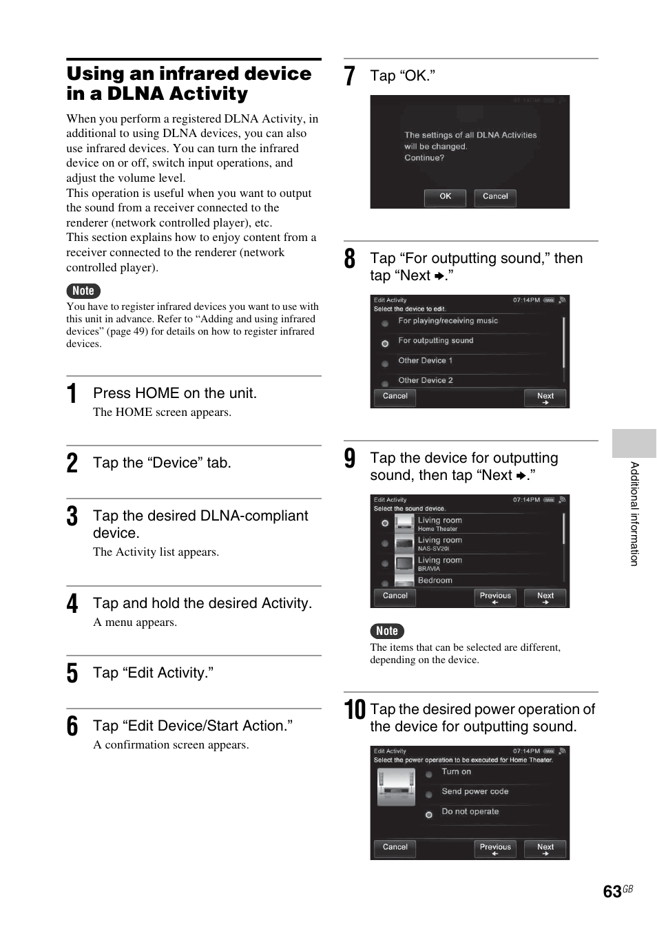 Using an infrared device in a dlna activity | Sony RM-NU1 User Manual | Page 63 / 98