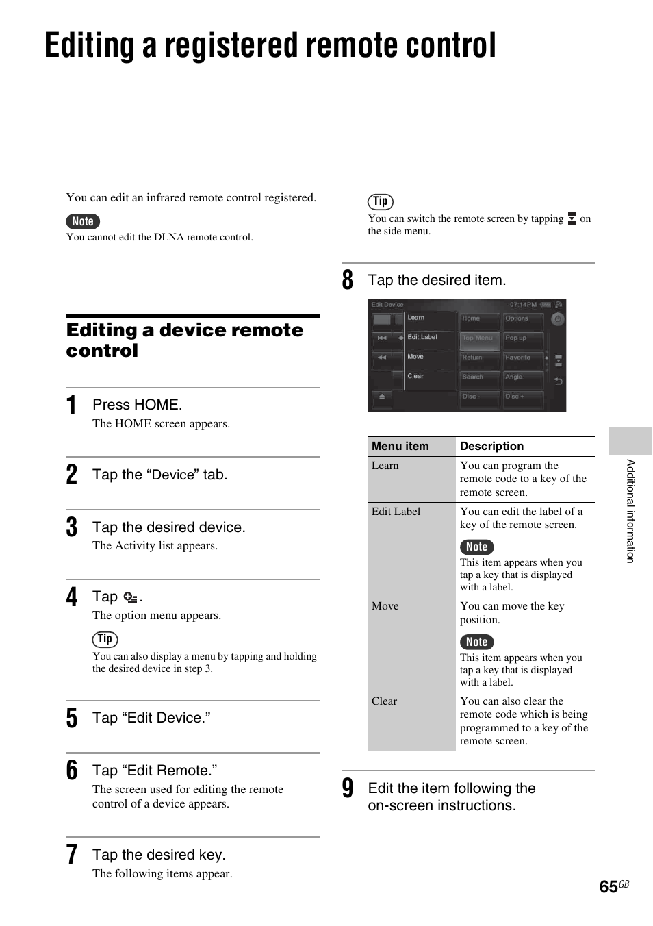 Editing a registered remote control, Editing a device remote control | Sony RM-NU1 User Manual | Page 65 / 98