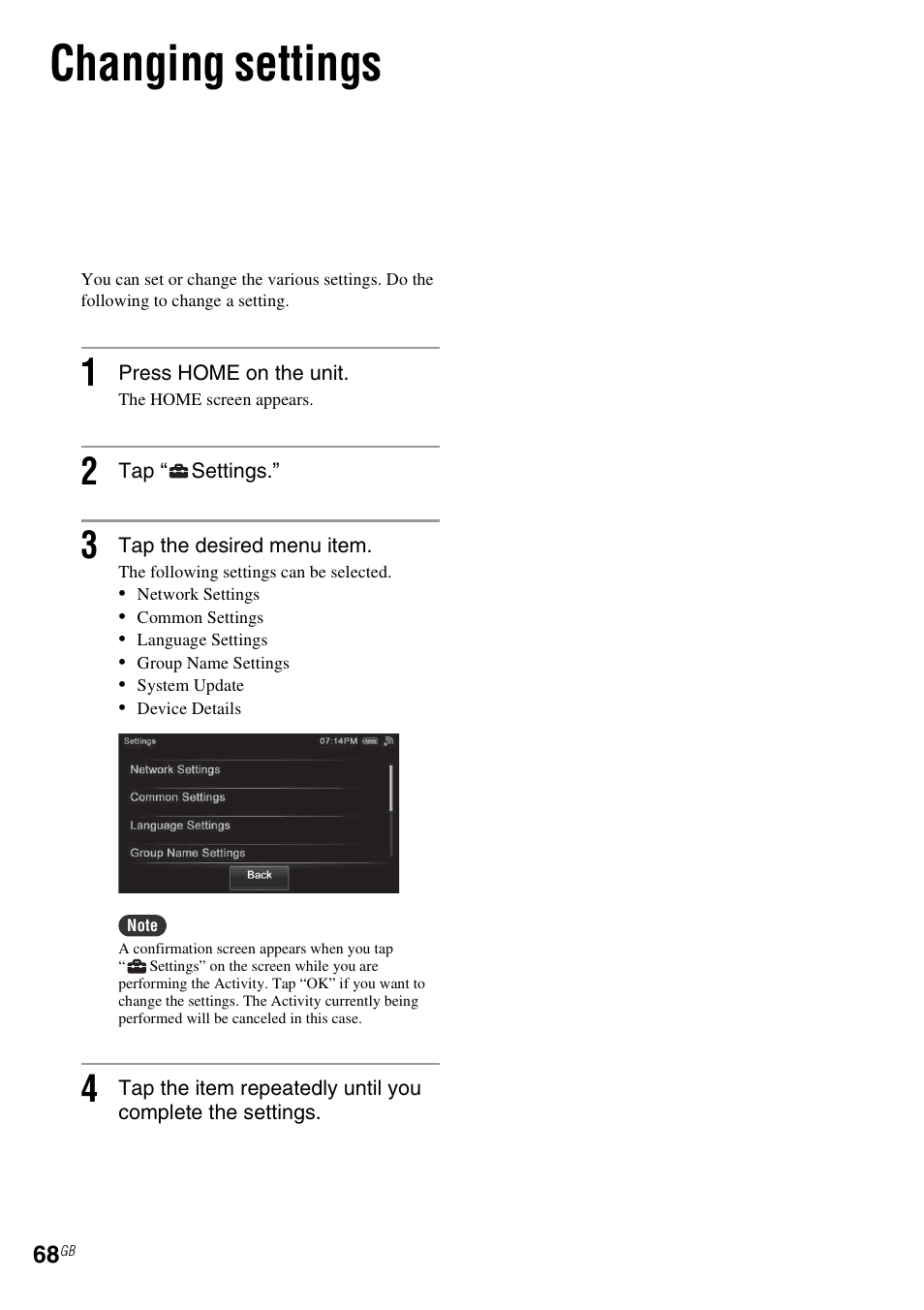 Changing settings | Sony RM-NU1 User Manual | Page 68 / 98