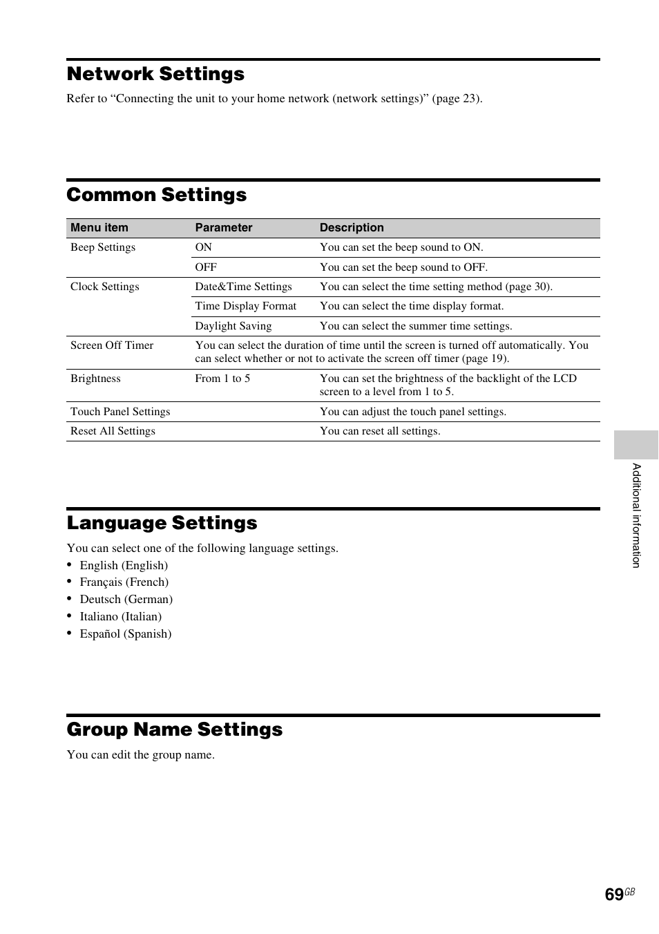 Network settings, Common settings, Language settings | Group name settings, Common settings language settings | Sony RM-NU1 User Manual | Page 69 / 98