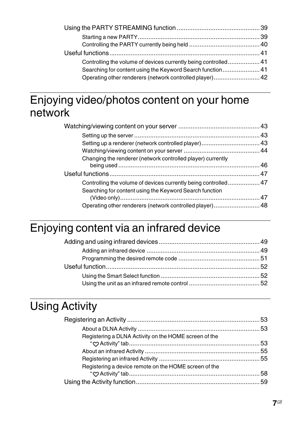 Enjoying video/photos content on your home network, Enjoying content via an infrared device, Using activity | Sony RM-NU1 User Manual | Page 7 / 98