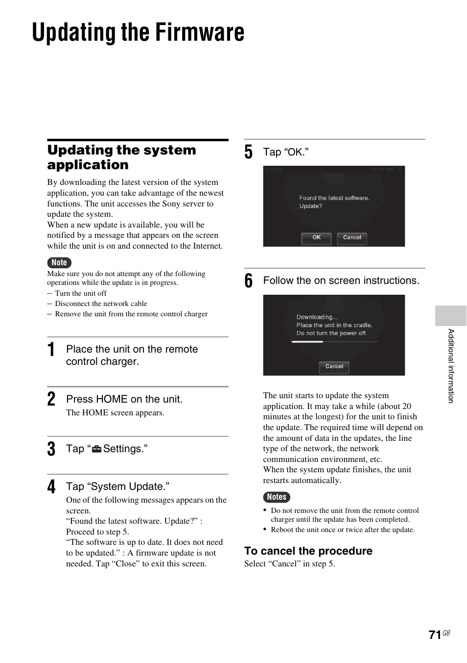 Updating the firmware, Updating the system application | Sony RM-NU1 User Manual | Page 71 / 98