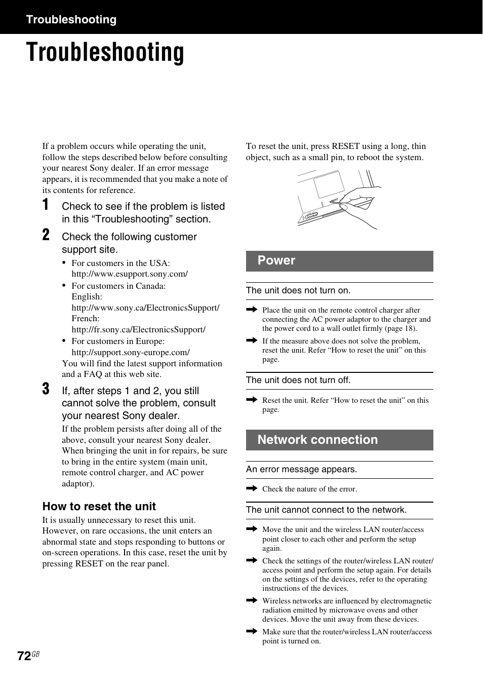 Troubleshooting, Power, Network connection | Sony RM-NU1 User Manual | Page 72 / 98