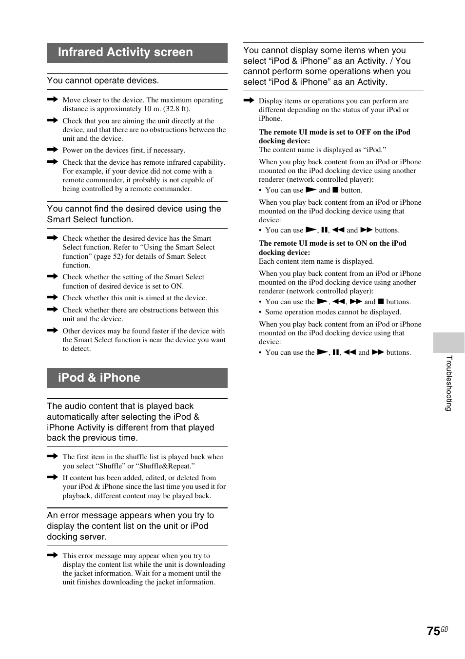Infrared activity screen, Ipod & iphone | Sony RM-NU1 User Manual | Page 75 / 98