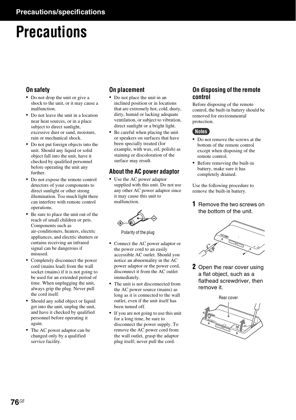 Precautions/specifications, Precautions | Sony RM-NU1 User Manual | Page 76 / 98