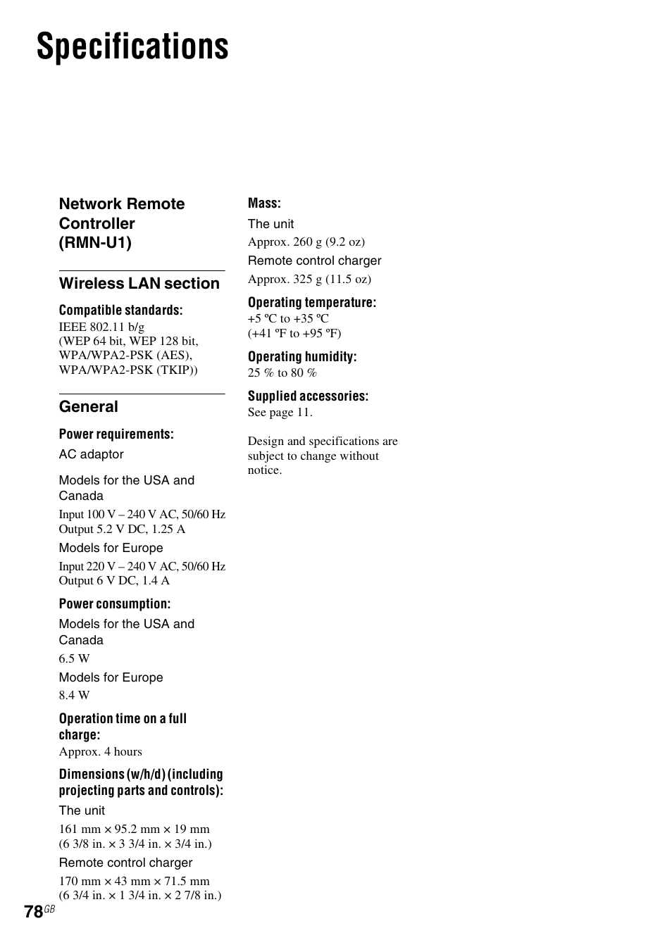 Specifications | Sony RM-NU1 User Manual | Page 78 / 98