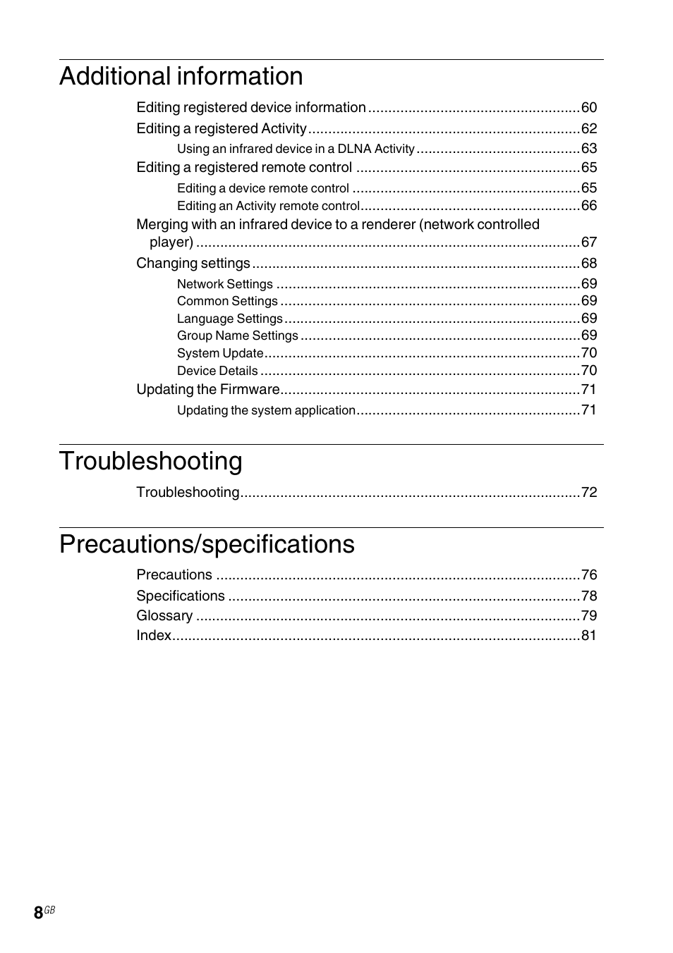 Additional information, Troubleshooting, Precautions/specifications | Sony RM-NU1 User Manual | Page 8 / 98