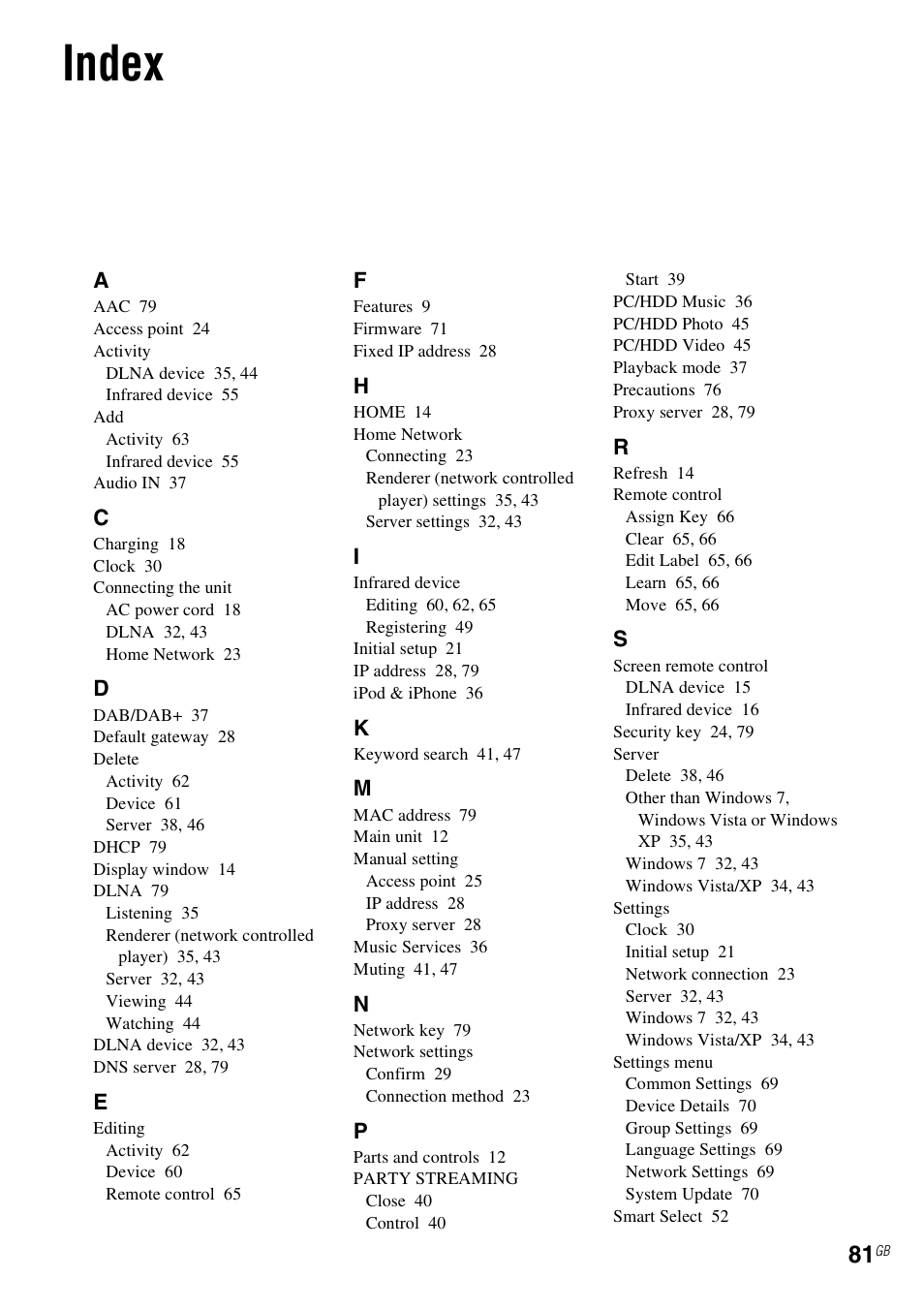 Index | Sony RM-NU1 User Manual | Page 81 / 98