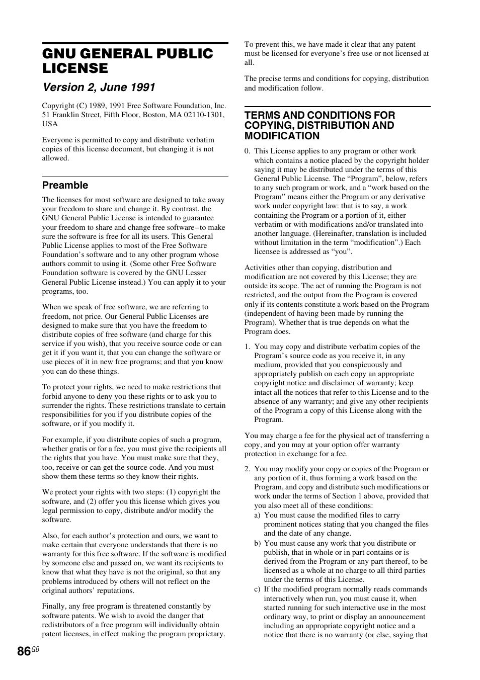 Gnu general public license, Preamble | Sony RM-NU1 User Manual | Page 86 / 98