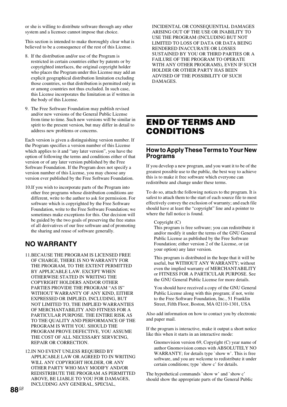 End of terms and conditions, No warranty, How to apply these terms to your new programs | Sony RM-NU1 User Manual | Page 88 / 98