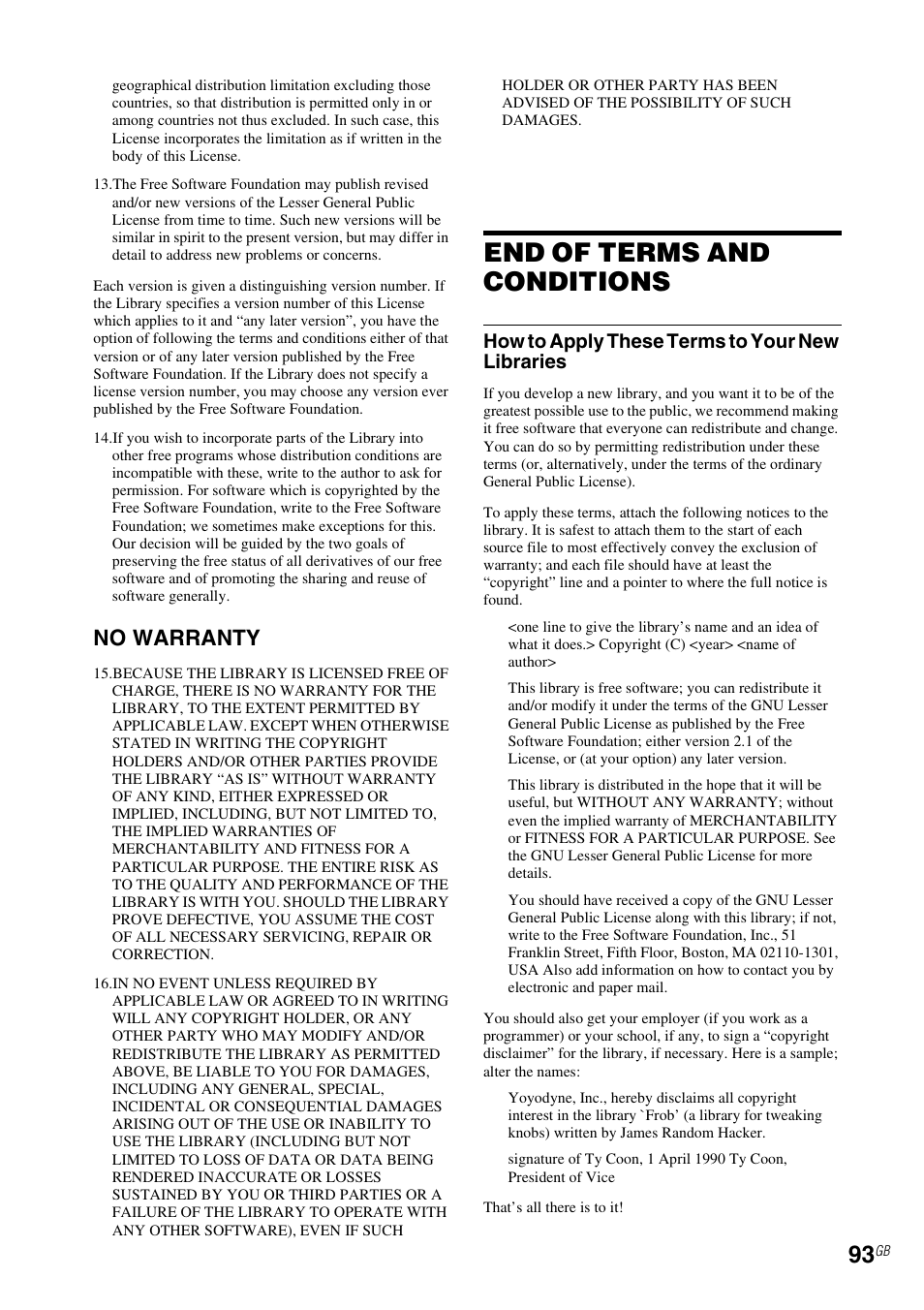 End of terms and conditions, No warranty, How to apply these terms to your new libraries | Sony RM-NU1 User Manual | Page 93 / 98