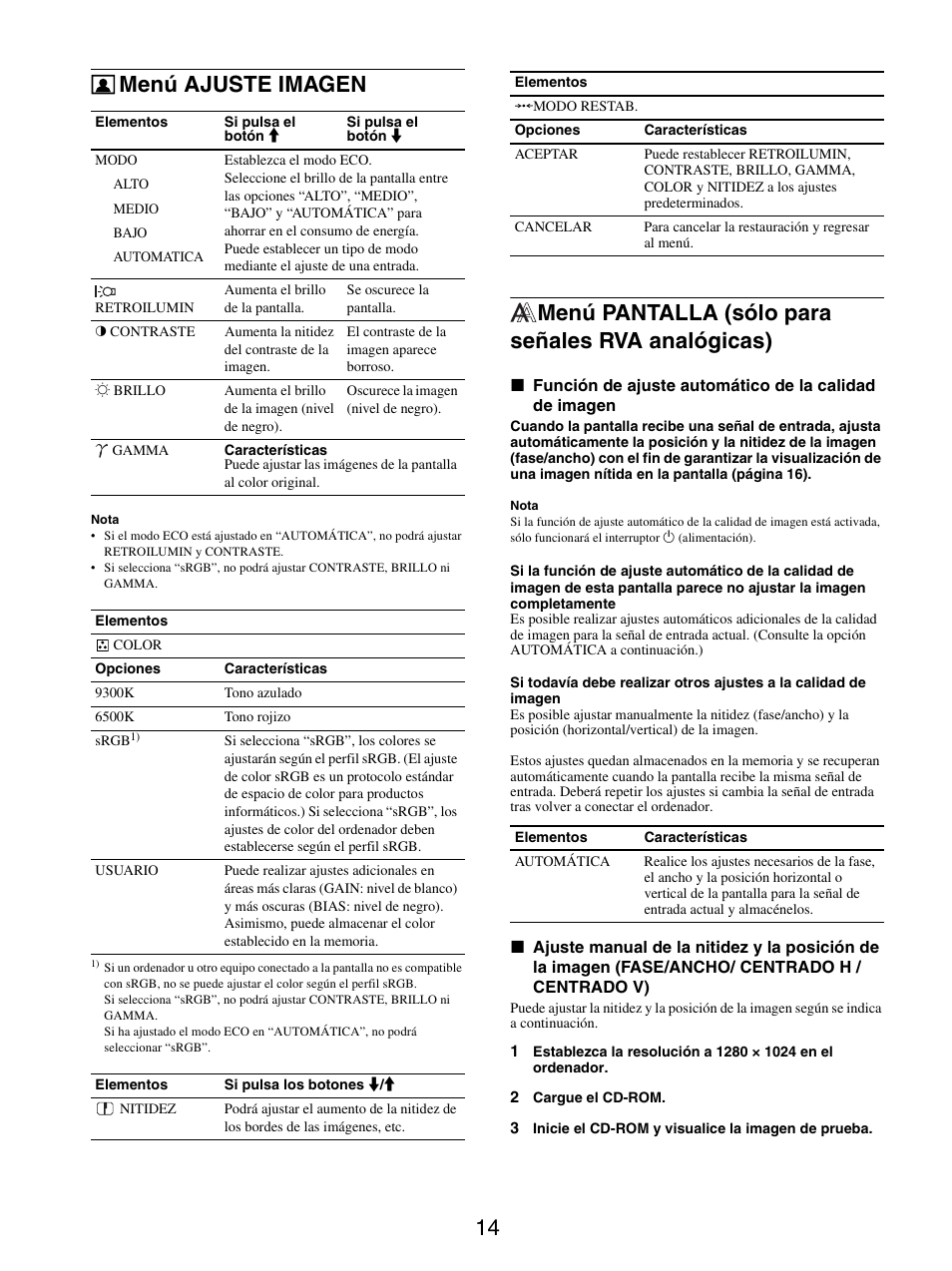 Menú ajuste imagen, Menú pantalla (sólo para señales rva analógicas) | Sony SDM-X95FB User Manual | Page 110 / 385