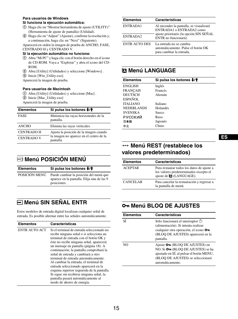 Menú posición menú, Menú sin señal entr, Menú language | Menú rest (restablece los valores predeterminados), Menú bloq de ajustes, Menú posición menú menú sin señal entr | Sony SDM-X95FB User Manual | Page 111 / 385