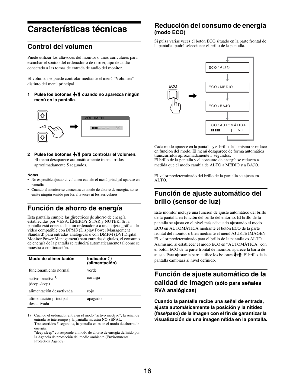 Características técnicas, Control del volumen, Función de ahorro de energía | Reducción del consumo de energía (modo eco), Reducción del consumo de energía | Sony SDM-X95FB User Manual | Page 112 / 385