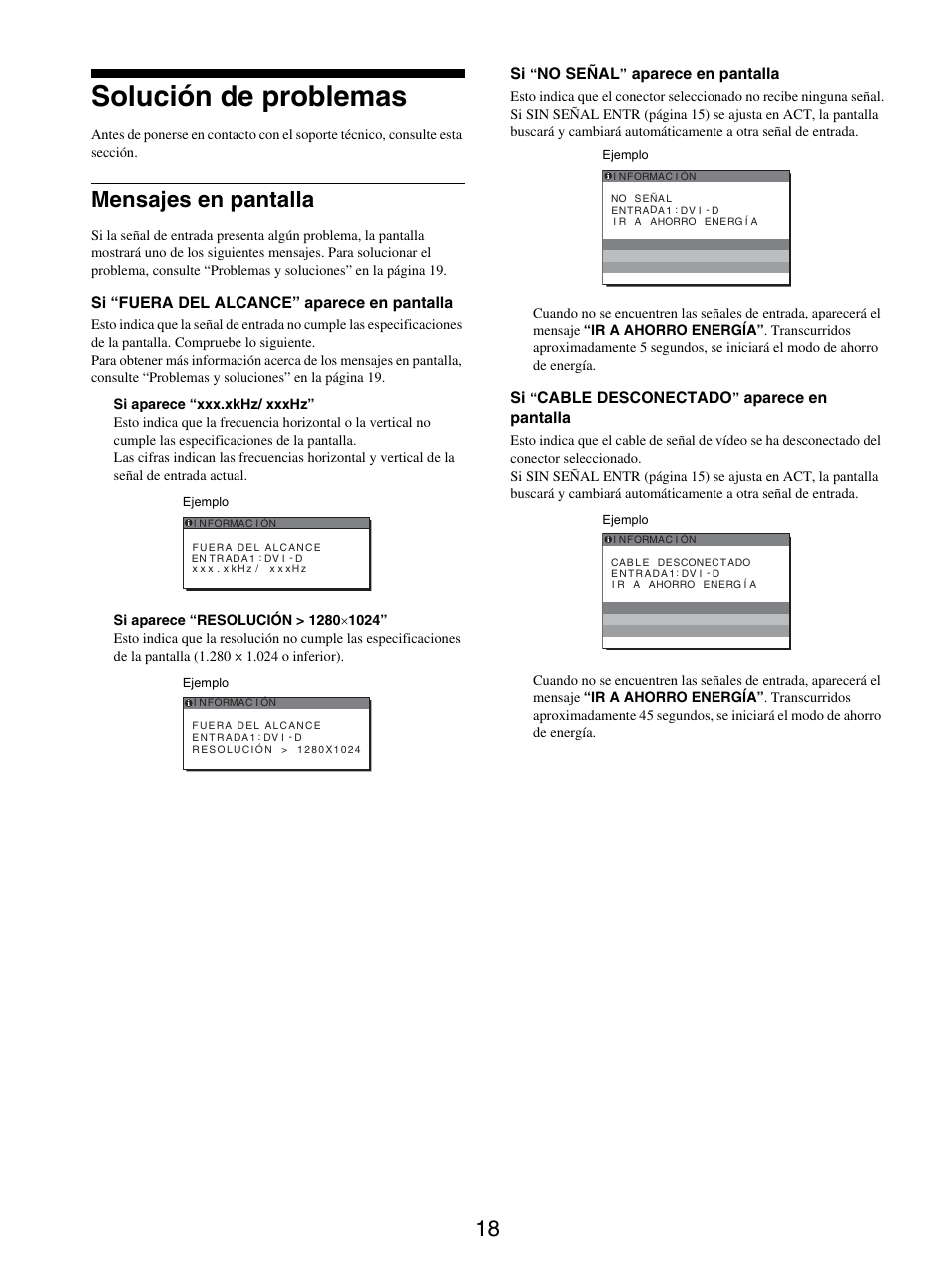 Solución de problemas, Mensajes en pantalla | Sony SDM-X95FB User Manual | Page 114 / 385