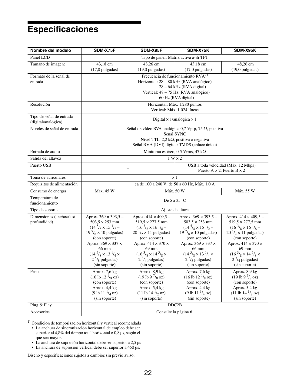 Especificaciones | Sony SDM-X95FB User Manual | Page 118 / 385
