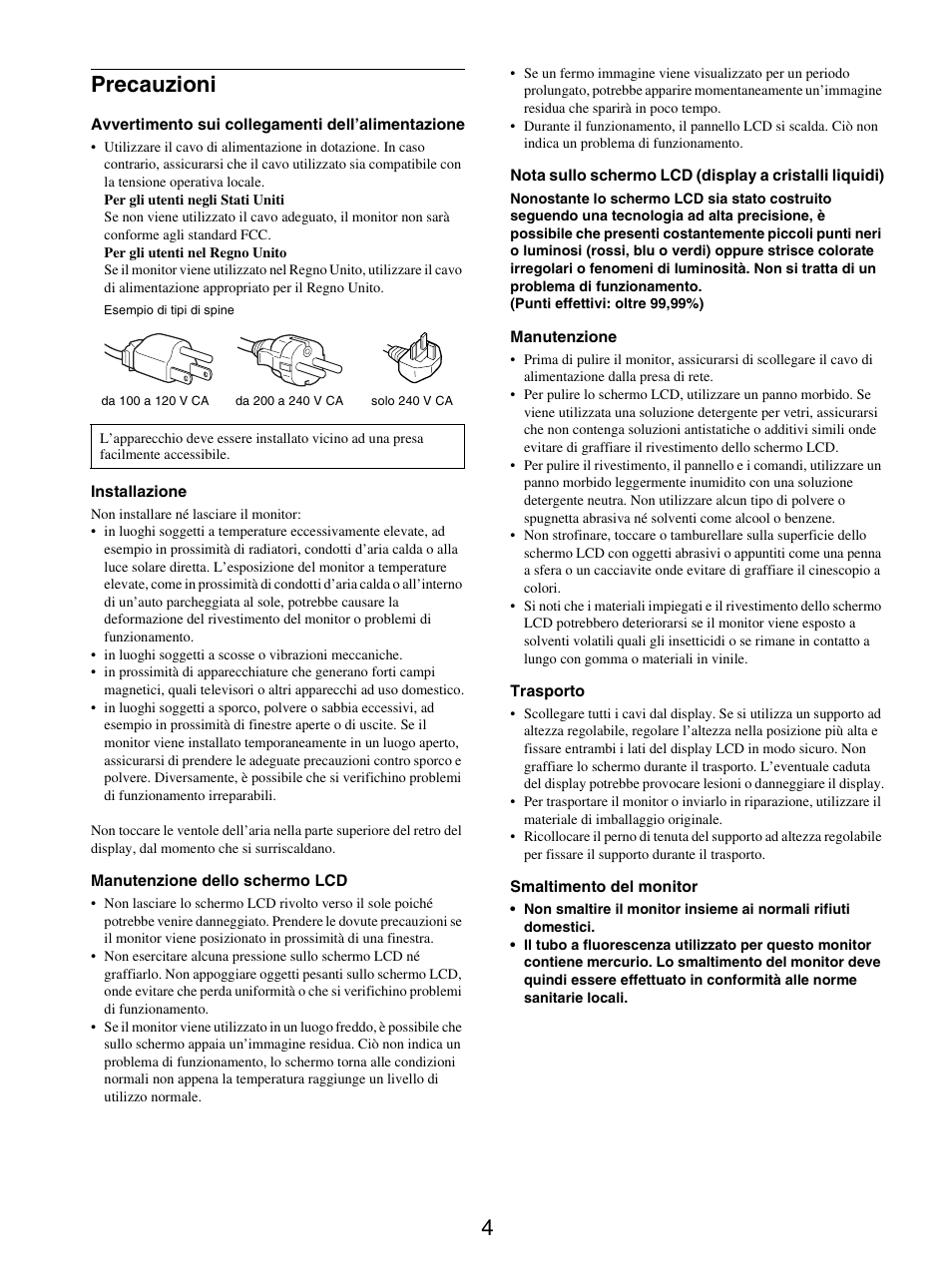 Precauzioni, 4precauzioni | Sony SDM-X95FB User Manual | Page 125 / 385