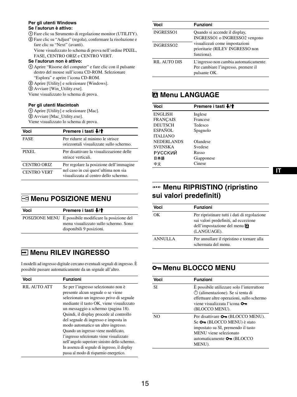 Menu posizione menu, Menu rilev ingresso, Menu language | Menu blocco menu, Menu schermo (solo segnale rvb analogico), Menu posizione menu menu rilev ingresso | Sony SDM-X95FB User Manual | Page 136 / 385