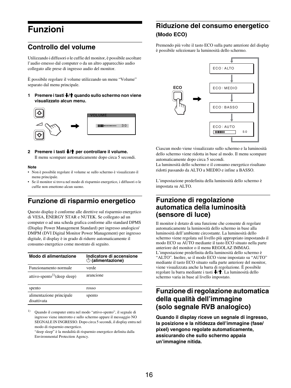 Funzioni, Controllo del volume, Funzione di risparmio energetico | Riduzione del consumo energetico (modo eco), Riduzione del consumo energetico | Sony SDM-X95FB User Manual | Page 137 / 385