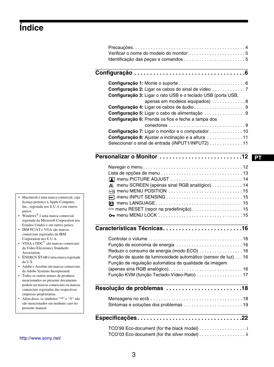 Índice, Configuração, Personalizar o monitor | Características técnicas, Resolução de problemas, Especificações | Sony SDM-X95FB User Manual | Page 148 / 385