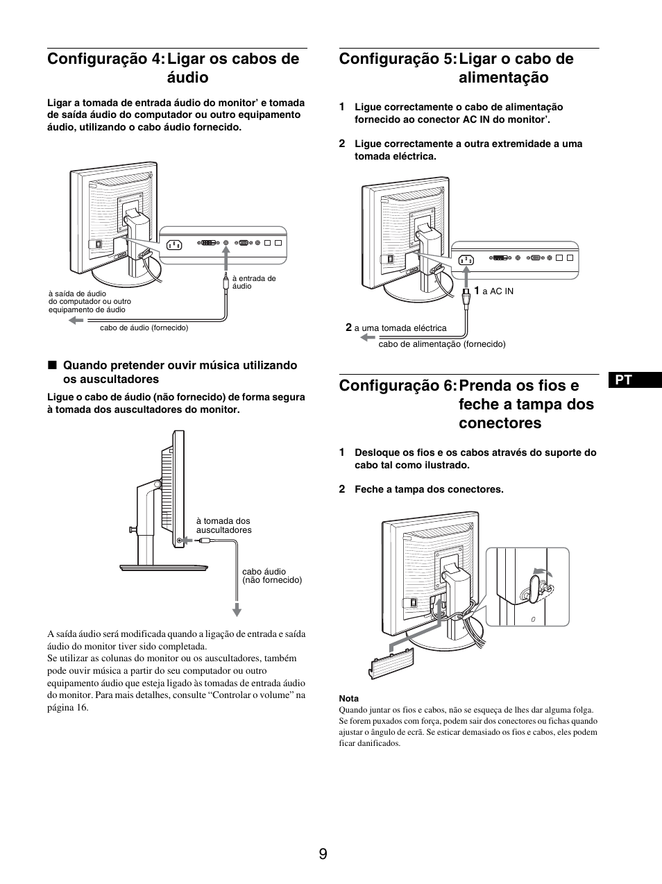 Configuração 4: ligar os cabos de áudio, Configuração 5: ligar o cabo de alimentação, Conectores | Configuração 4:ligar os cabos de áudio, Configuração 5:ligar o cabo de alimentação | Sony SDM-X95FB User Manual | Page 154 / 385