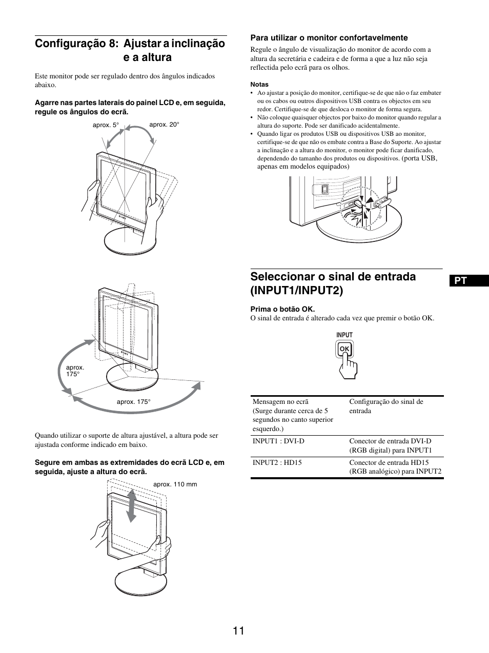 Configuração 8: ajustar a inclinação e a altura, Seleccionar o sinal de entrada (input1/input2) | Sony SDM-X95FB User Manual | Page 156 / 385