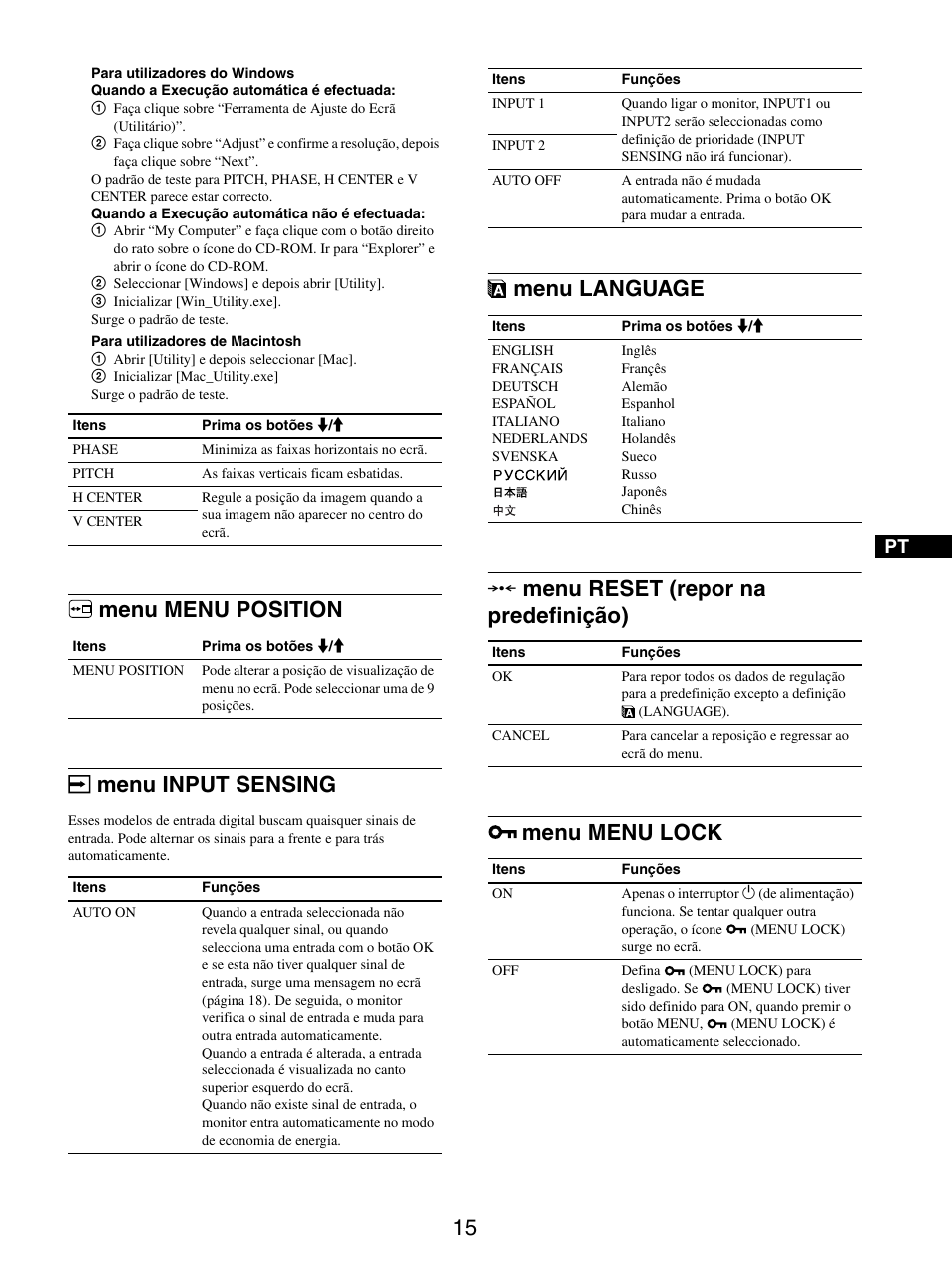 Menu menu position, Menu input sensing, Menu language | Menu reset (repor na predefinição), Menu menu lock, 0 menu reset (repor na predefinição), Menu menu position menu input sensing, Menu language 0 menu reset (repor na predefinição) | Sony SDM-X95FB User Manual | Page 160 / 385