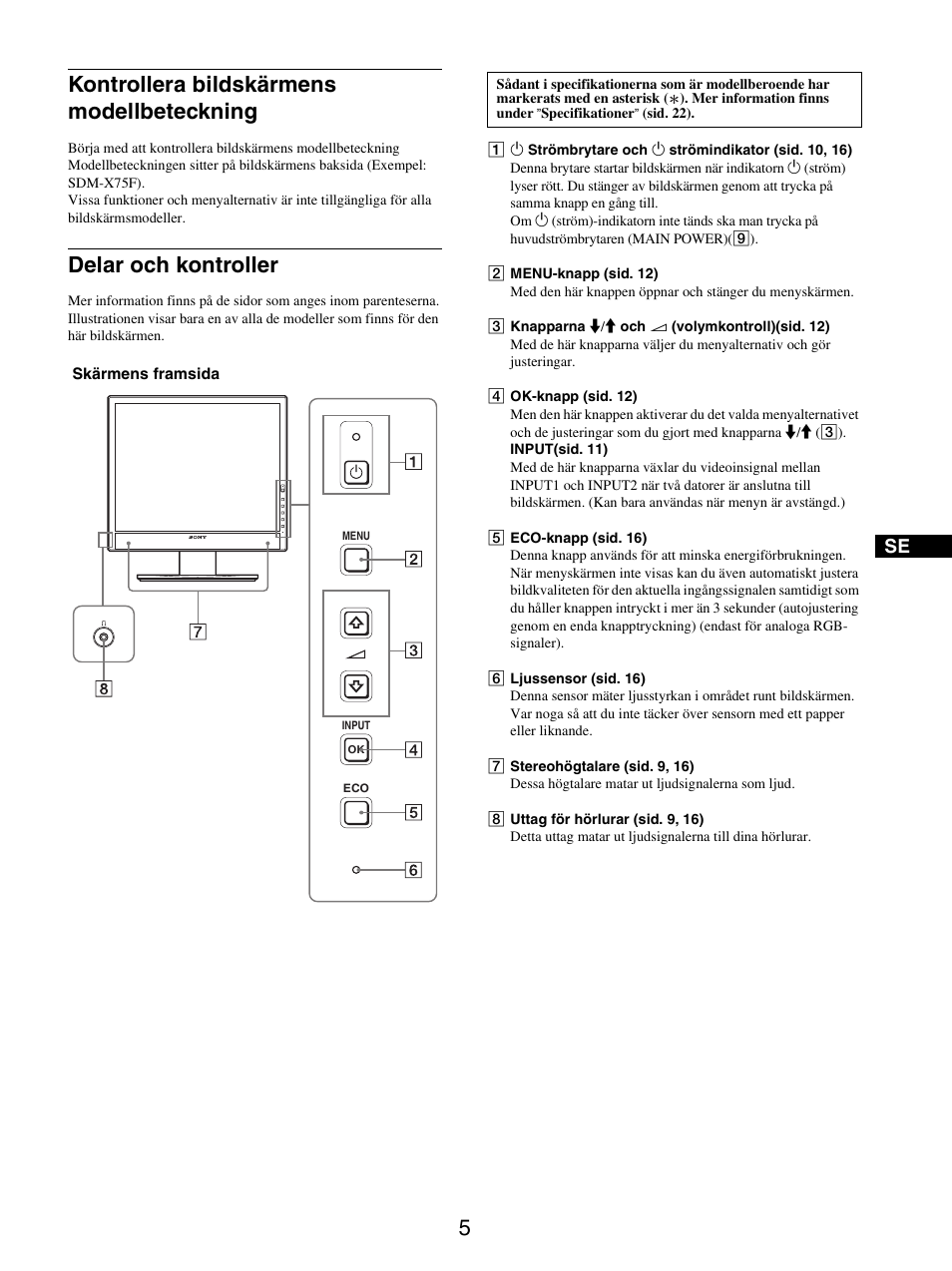 Kontrollera bildskärmens modellbeteckning, Delar och kontroller, 5kontrollera bildskärmens modellbeteckning | Sony SDM-X95FB User Manual | Page 198 / 385