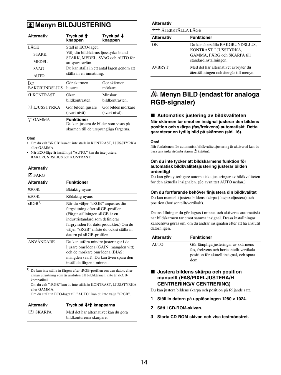 Menyn bildjustering, Menyn bild (endast för analoga rgb-signaler) | Sony SDM-X95FB User Manual | Page 207 / 385