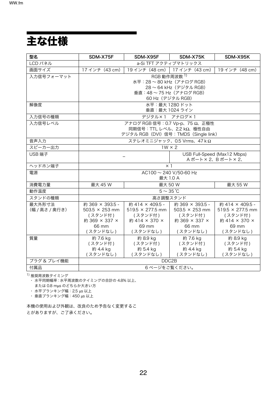 主な仕様 | Sony SDM-X95FB User Manual | Page 22 / 385