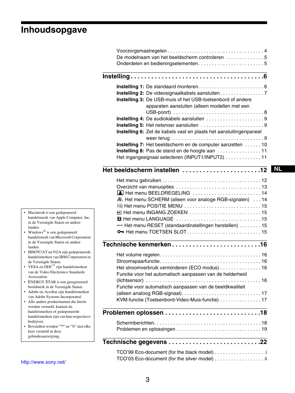 Inhoudsopgave, Instelling, Het beeldscherm instellen | Technische kenmerken, Problemen oplossen, Technische gegevens | Sony SDM-X95FB User Manual | Page 220 / 385